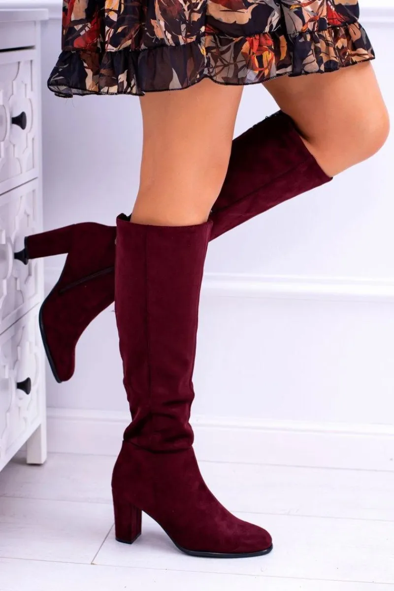 Bordowe Damskie Kozaki Zamszowe Sergio Leone KZ271 Damskie Kozaki Na Obcasie|Kozaki Zamszowe