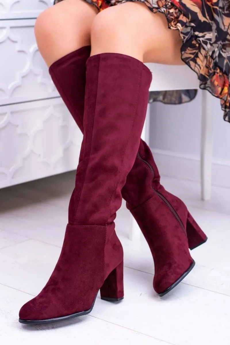 Bordowe Damskie Kozaki Zamszowe Sergio Leone KZ271 Damskie Kozaki Na Obcasie|Kozaki Zamszowe