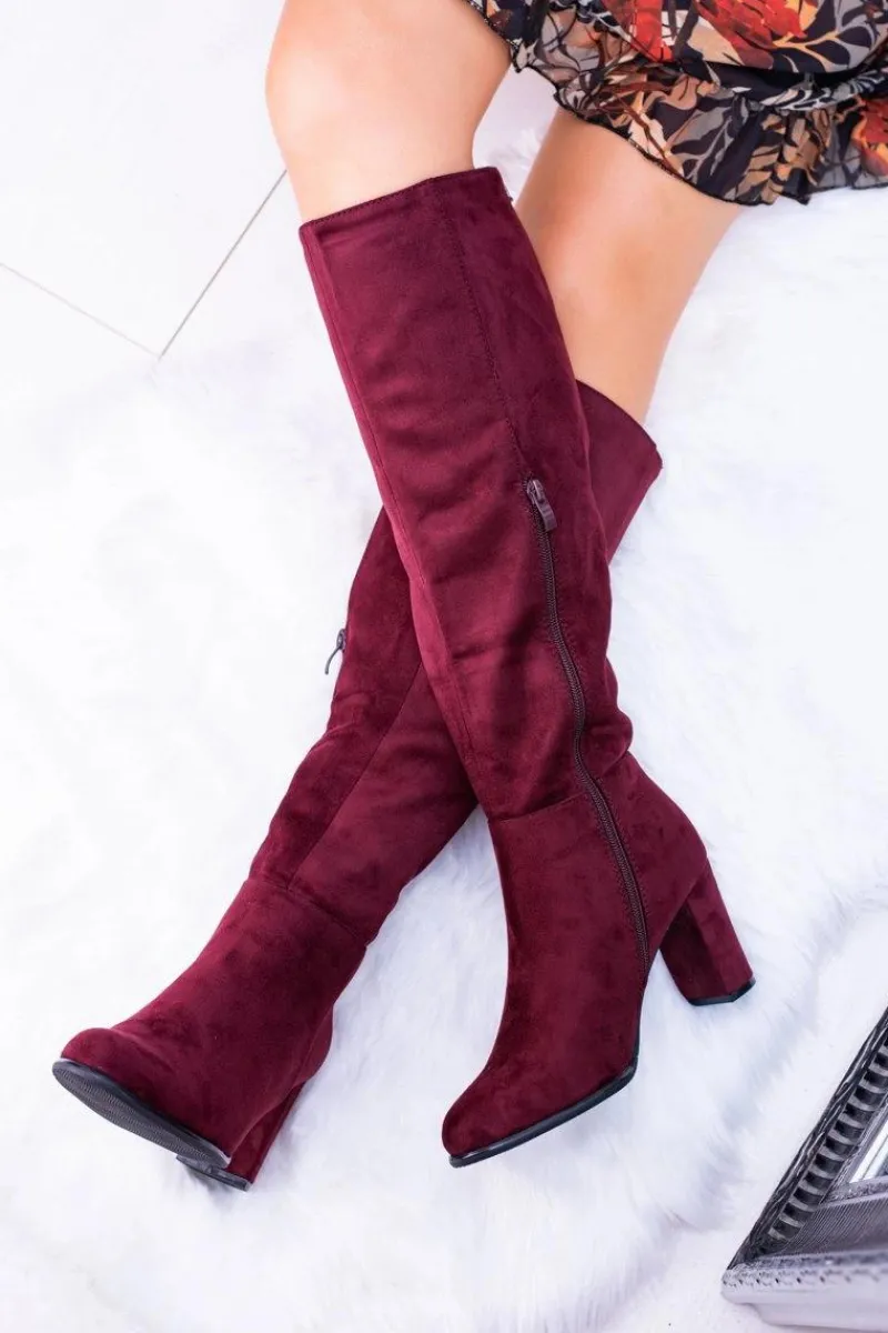 Bordowe Damskie Kozaki Zamszowe Sergio Leone KZ271 Damskie Kozaki Na Obcasie|Kozaki Zamszowe