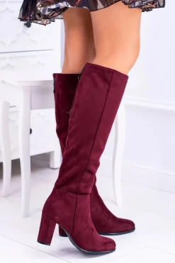 Bordowe Damskie Kozaki Zamszowe Sergio Leone KZ271 Damskie Kozaki Na Obcasie|Kozaki Zamszowe