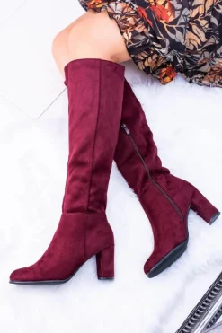 Bordowe Damskie Kozaki Zamszowe Sergio Leone KZ271 Damskie Kozaki Na Obcasie|Kozaki Zamszowe