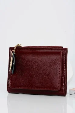 Outlet Bordowy Portfel Damski Portmonetka Złote Piórko Portfele