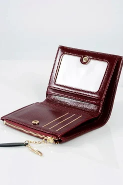 Outlet Bordowy Portfel Damski Portmonetka Złote Piórko Portfele