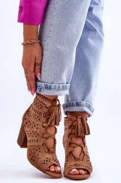 Botki Wiosenne|Botki Na Słupku>Boto Botki Ażurowe Na Obcasie Camel Letya