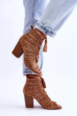 Botki Wiosenne|Botki Na Słupku>Boto Botki Ażurowe Na Obcasie Camel Letya