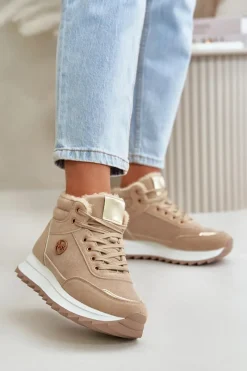 Damskie Trapery|Botki Sznurowane>Boto Botki Buty Sportowe Damskie Ocieplane Na Platformie Khaki Ariatte
