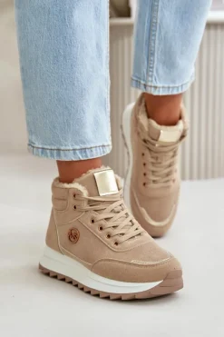 Damskie Trapery|Botki Sznurowane>Boto Botki Buty Sportowe Damskie Ocieplane Na Platformie Khaki Ariatte