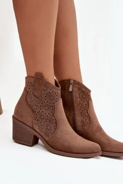 Sale Damskie buty S.Barski Botki Damskie Ażurowe Na Obcasie S.Barski HY52-529 Brązowe Brązowy