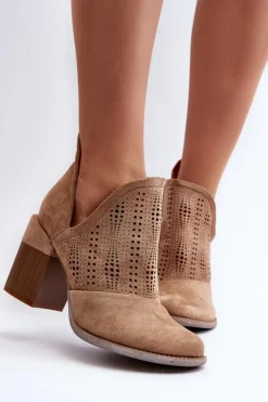 Best Boto Botki Damskie Ażurowe Na Słupku Beżowe Niartima
