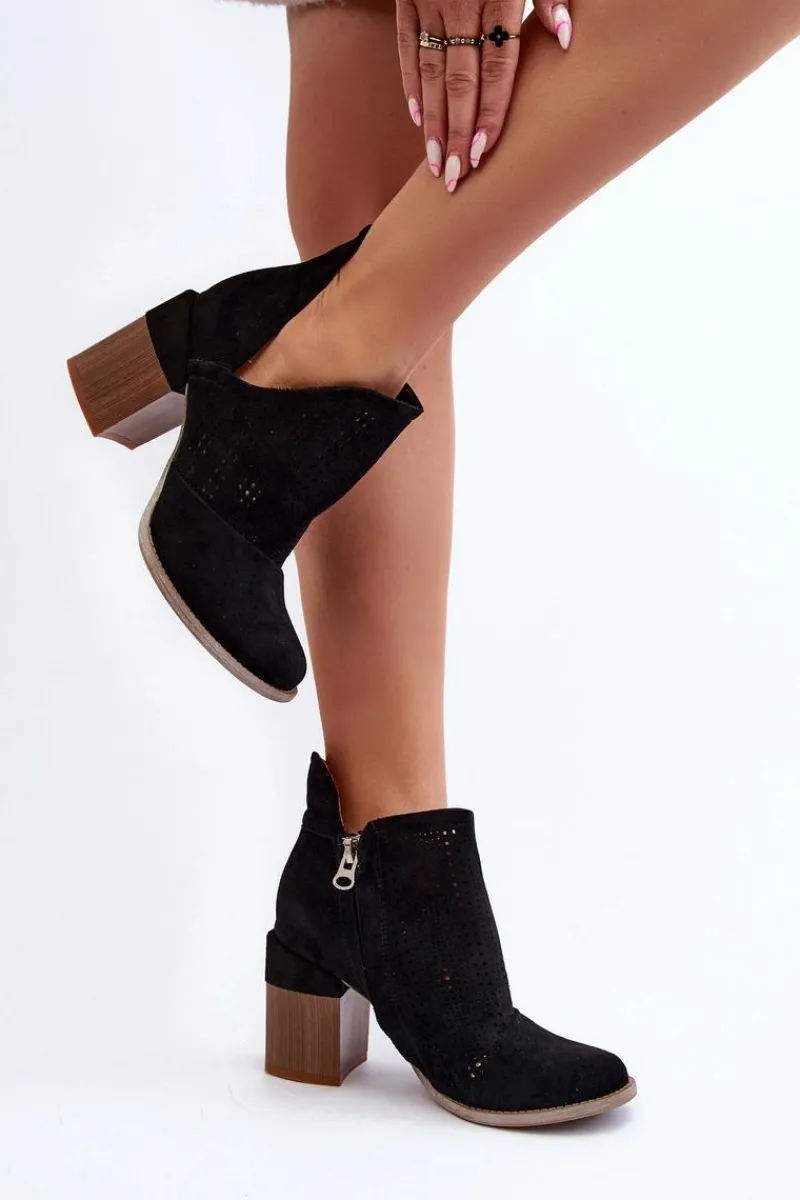 New Boto Botki Damskie Ażurowe Na Słupku Czarne Niartima Czarny