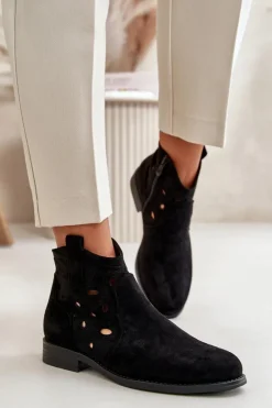 Discount Botki Damskie Ażurowe Na Zamek Czarne S.Barski HY42-081 Damskie Botki Ażurowe|Botki Płaskie