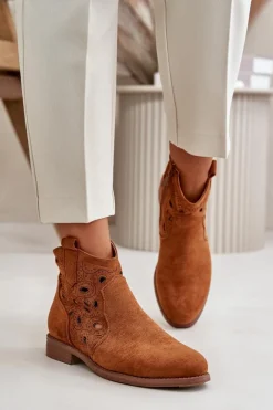 Botki Ażurowe|Botki Zamszowe>Damskie buty S.Barski Botki Damskie Ażurowe Na Zamek Camel S.Barski HY42-081 Brązowy