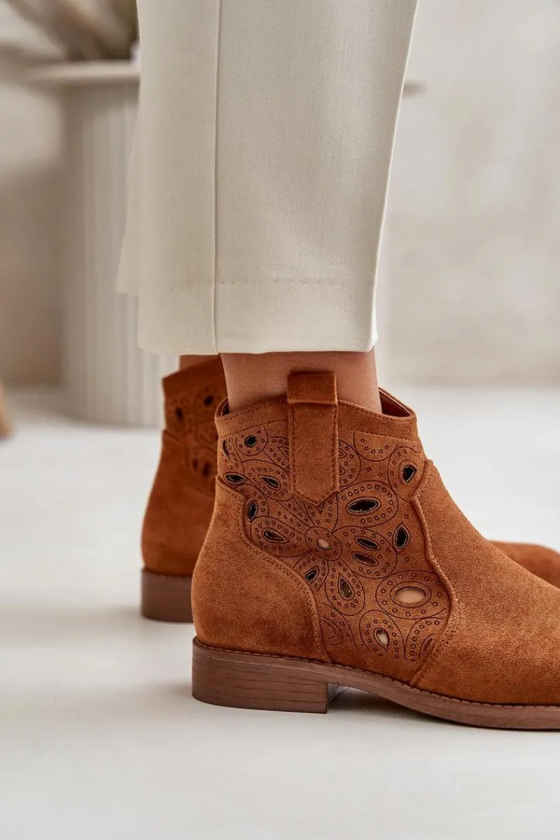 Botki Ażurowe|Botki Zamszowe>Damskie buty S.Barski Botki Damskie Ażurowe Na Zamek Camel S.Barski HY42-081 Brązowy