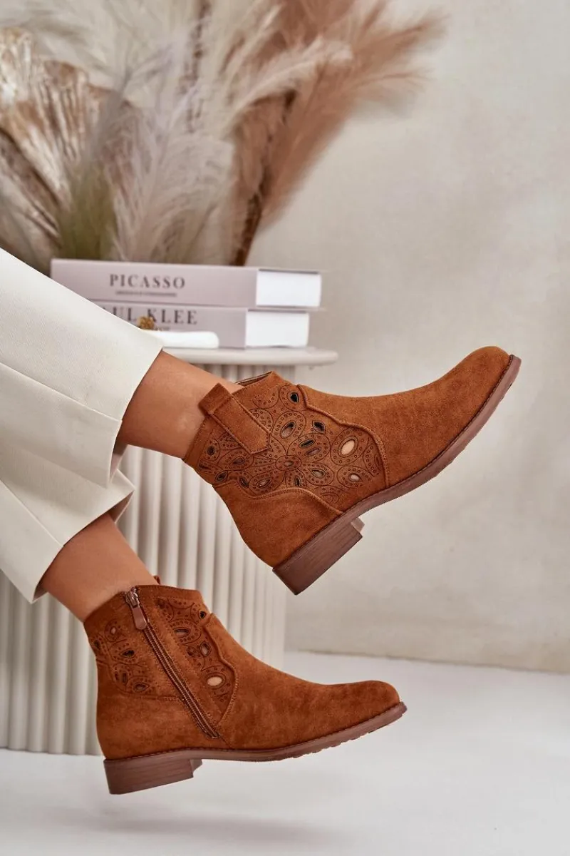 Botki Ażurowe|Botki Zamszowe>Damskie buty S.Barski Botki Damskie Ażurowe Na Zamek Camel S.Barski HY42-081 Brązowy