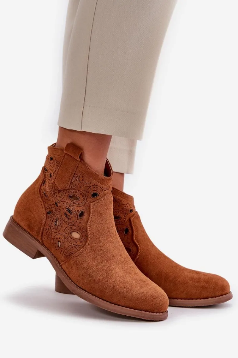 Botki Ażurowe|Botki Zamszowe>Damskie buty S.Barski Botki Damskie Ażurowe Na Zamek Camel S.Barski HY42-081 Brązowy