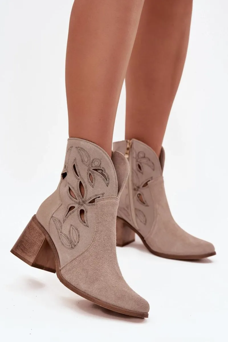 Botki Damskie Ażurowe Z Naturalnego Zamszu Na Słupku 3690 Beżowe Damskie Botki Skórzane|Botki Na Słupku