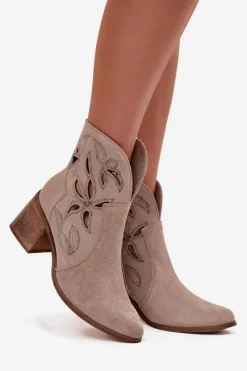 Botki Damskie Ażurowe Z Naturalnego Zamszu Na Słupku 3690 Beżowe Damskie Botki Skórzane|Botki Na Słupku