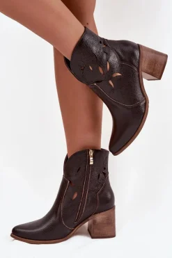 Hot Zazoo Botki Damskie Ażurowe Z Naturalnej Skóry Na Słupku 3690 Czekoladowe Brązowy