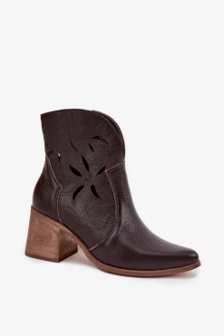 Hot Zazoo Botki Damskie Ażurowe Z Naturalnej Skóry Na Słupku 3690 Czekoladowe Brązowy