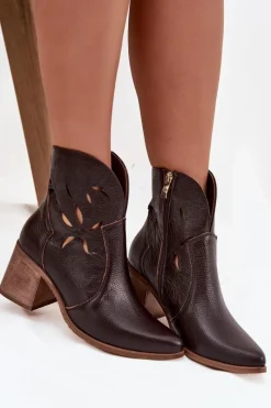 Hot Zazoo Botki Damskie Ażurowe Z Naturalnej Skóry Na Słupku 3690 Czekoladowe Brązowy