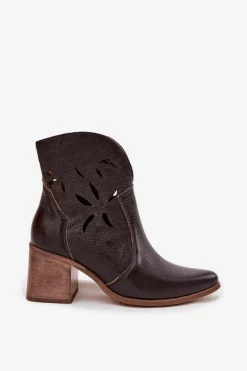 Hot Zazoo Botki Damskie Ażurowe Z Naturalnej Skóry Na Słupku 3690 Czekoladowe Brązowy