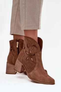 Hot Botki Damskie Ażurowe Z Naturalnego Zamszu Na Słupku 3690 Brązowe Damskie Botki Skórzane|Botki Na Słupku