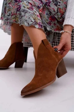 Hot Boto Botki Damskie Brązowe Skórzane na Obcasie Chavai