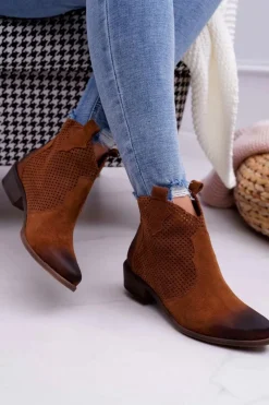 Hot Botki Damskie Brązowe Skórzane Exquisite 1166 Damskie Botki Wiosenne|Brązowe I Beżowe Botki