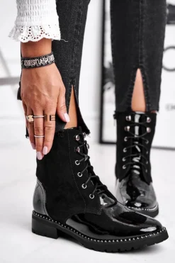 Discount Botki Damskie Ciepłe Czarne Thunders Damskie Botki Sznurowane|Czarne Botki