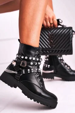 Outlet Botki Damskie Ciepłe Dżety Łańcuchy Czarne Desire Damskie Botki Sznurowane|Czarne Botki