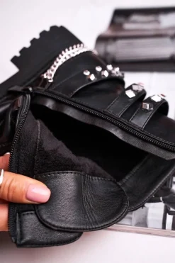 Outlet Botki Damskie Ciepłe Dżety Łańcuchy Czarne Desire Damskie Botki Sznurowane|Czarne Botki