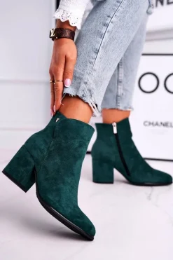 New Botki Damskie Ciepłe Eko Zamsz Zielone So Good Damskie Botki Na Słupku|Czarne Botki