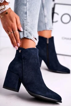 Outlet Botki Damskie Ciepłe Eko Zamsz Granatowe So Good Damskie Botki Na Słupku|Czarne Botki