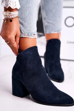 Outlet Botki Damskie Ciepłe Eko Zamsz Granatowe So Good Damskie Botki Na Słupku|Czarne Botki