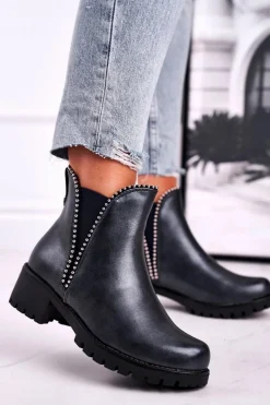 Czarne Botki|Botki Zimowe Damskie>Boto Botki Damskie Ciepłe Granatowe Starry