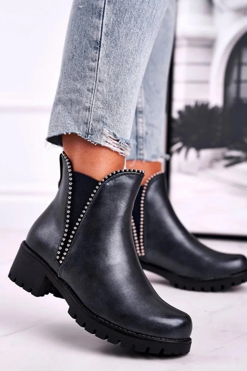 Czarne Botki|Botki Zimowe Damskie>Boto Botki Damskie Ciepłe Granatowe Starry