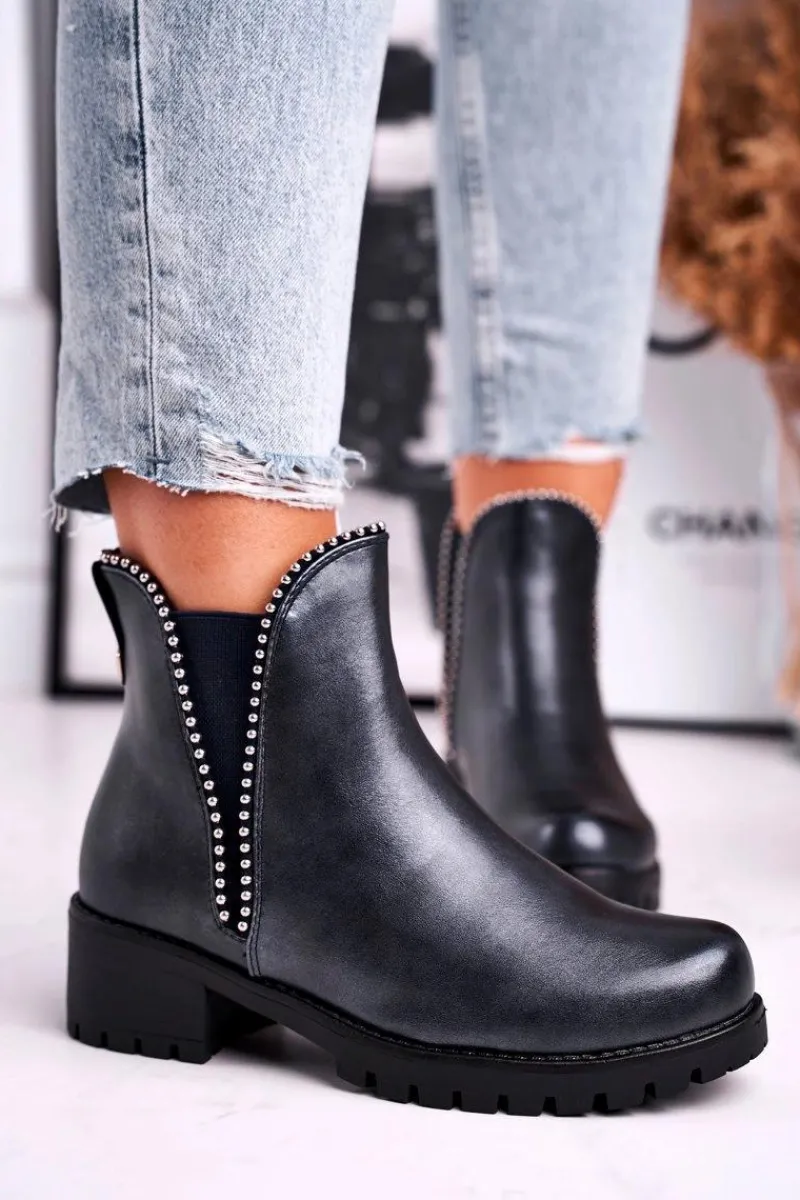 Czarne Botki|Botki Zimowe Damskie>Boto Botki Damskie Ciepłe Granatowe Starry