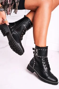 Botki Sznurowane|Czarne Botki>Boto Botki Damskie Ciepłe Srebrne Nity Czarne Freed