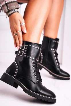 Botki Sznurowane|Czarne Botki>Boto Botki Damskie Ciepłe Srebrne Nity Czarne Freed