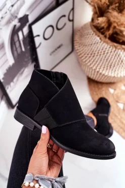 Czarne Botki|Botki Zimowe Damskie>Damskie buty S.Barski Botki Damskie Ciepłe Sztyblety Płaski Obcas Czarne Sirro