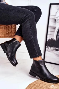 Clearance Damskie buty S.Barski Botki Damskie Ciepłe Sztyblety Płaski Obcas Skóra Czarne Fernir