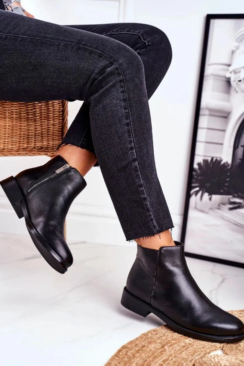 Clearance Damskie buty S.Barski Botki Damskie Ciepłe Sztyblety Płaski Obcas Skóra Czarne Fernir