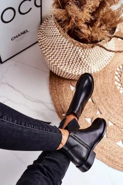 Clearance Damskie buty S.Barski Botki Damskie Ciepłe Sztyblety Płaski Obcas Skóra Czarne Fernir