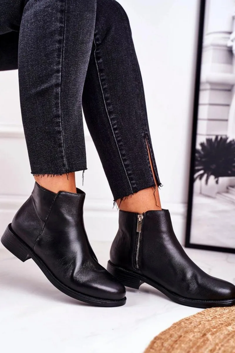 Clearance Damskie buty S.Barski Botki Damskie Ciepłe Sztyblety Płaski Obcas Skóra Czarne Fernir