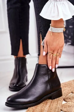 Clearance Damskie buty S.Barski Botki Damskie Ciepłe Sztyblety Płaski Obcas Skóra Czarne Fernir