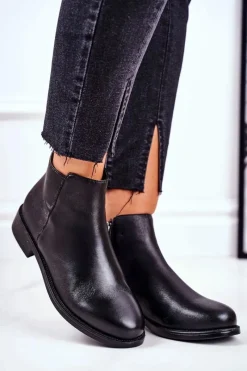 Clearance Damskie buty S.Barski Botki Damskie Ciepłe Sztyblety Płaski Obcas Skóra Czarne Fernir