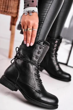 Botki Sznurowane|Czarne Botki>Evento Botki Damskie Ciepłe Workery Z Cyrkoniami Czarne Seven Days