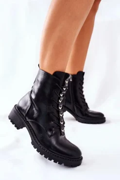 Hot Botki Damskie Czarne Myroe Damskie Botki Sznurowane|Czarne Botki