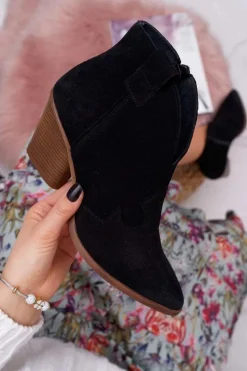 Botki Wiosenne|Botki Na Słupku>Boto Botki Damskie Czarne Skórzane na Obcasie Chavai