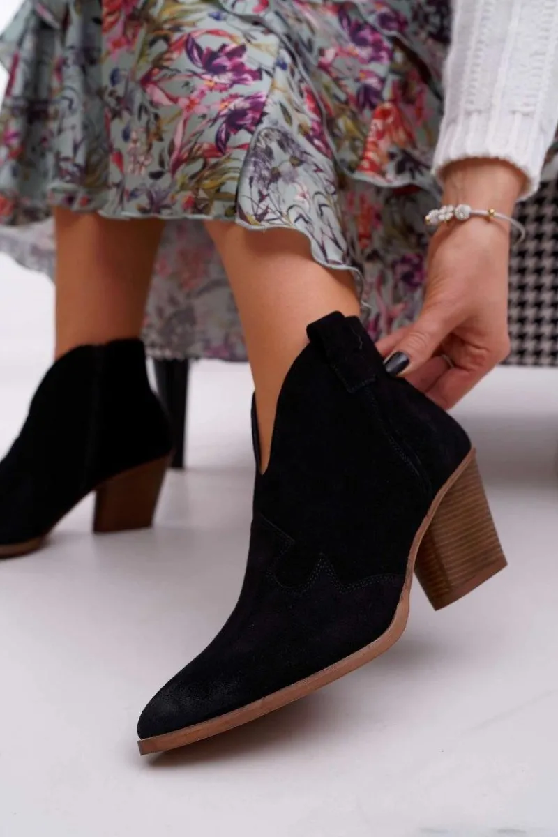 Botki Wiosenne|Botki Na Słupku>Boto Botki Damskie Czarne Skórzane na Obcasie Chavai